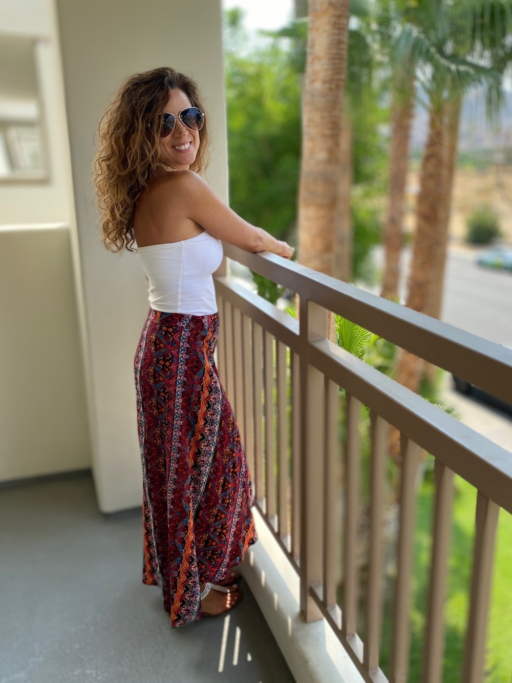 Dusty Rose, with orange, blue, white print Ruched Skirt - Women's Wrap Skirt
